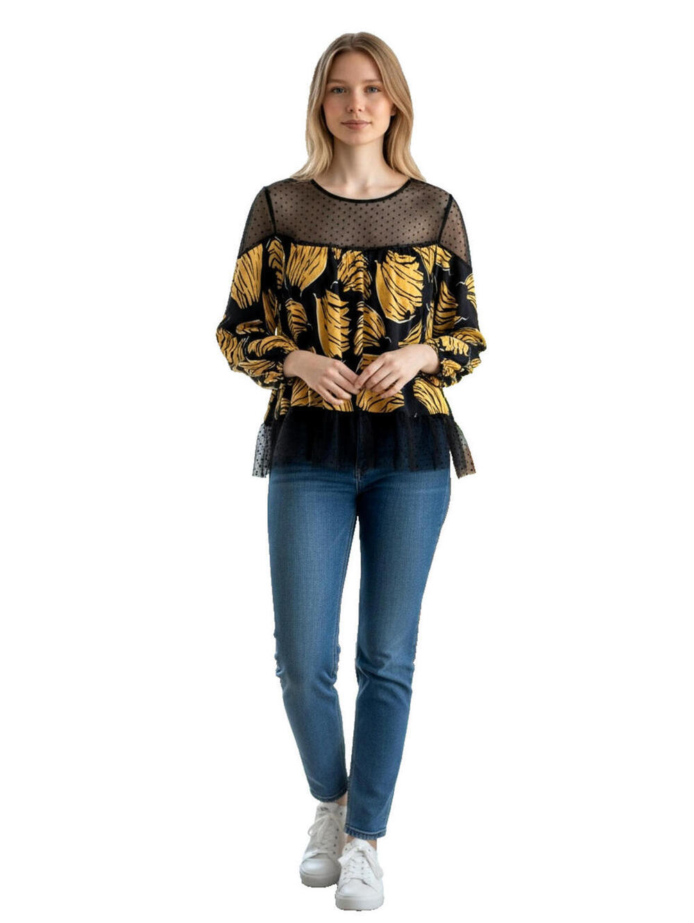 Farm Rio a yellow banana print on a black background with black sheer Sz S #1003